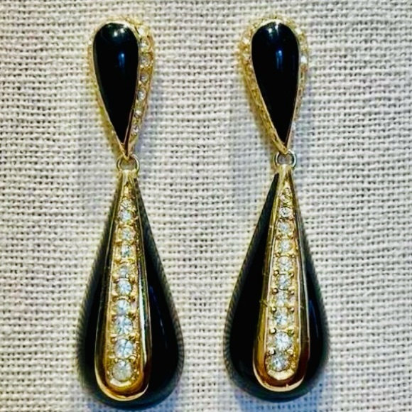 Dior Jewelry - Vintage Christian Dior Black Enamel Gold Tone Rhinestone Teardrop Pear Earrings